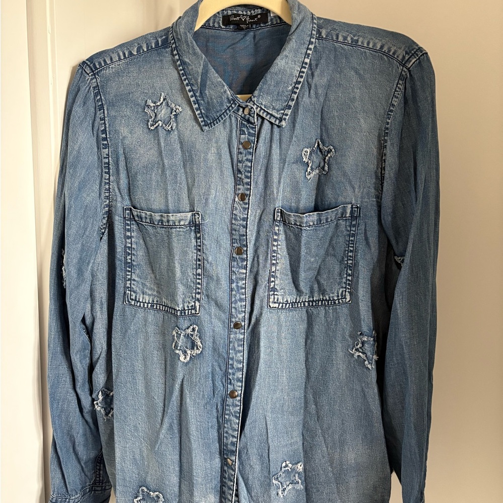 Distressed Denim Button-Up Shirt